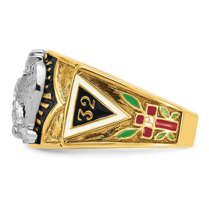 14k Two-tone Gold Men's Polished and Textured with Multi-color Enamel and Diamond 32nd Degree Scottish Rite Masonic Ring