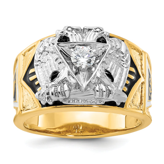 14k Two-tone Gold Men's Polished and Textured with Multi-color Enamel and Diamond 32nd Degree Scottish Rite Masonic Ring