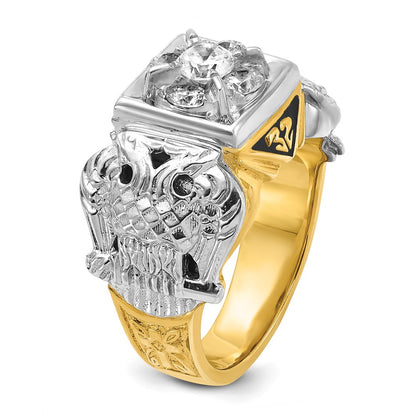 14k Two-tone Gold Men's Polished and Textured with Black Enamel and Diamond Double Eagle Masonic Shriner's Ring