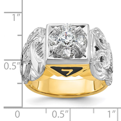 14k Two-tone Gold Men's Polished and Textured with Black Enamel and Diamond Double Eagle Masonic Shriner's Ring