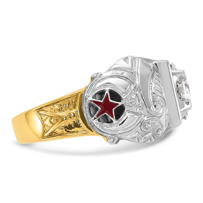 14k Two-tone Gold Men's Polished and Textured with Black Enamel and Diamond Double Eagle Masonic Shriner's Ring