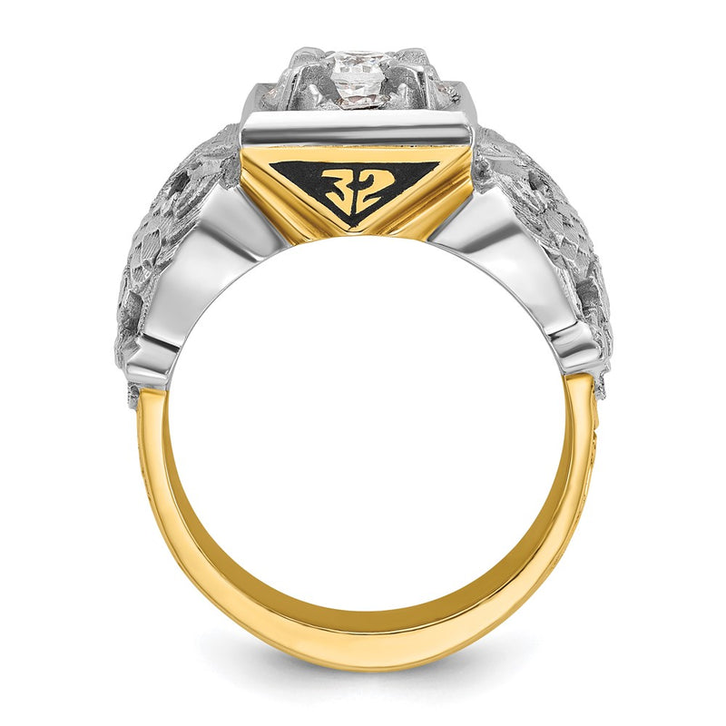 14k Two-tone Gold Men's Polished and Textured with Black Enamel and Diamond 32nd Degree Scottish Rite Masonic Ring