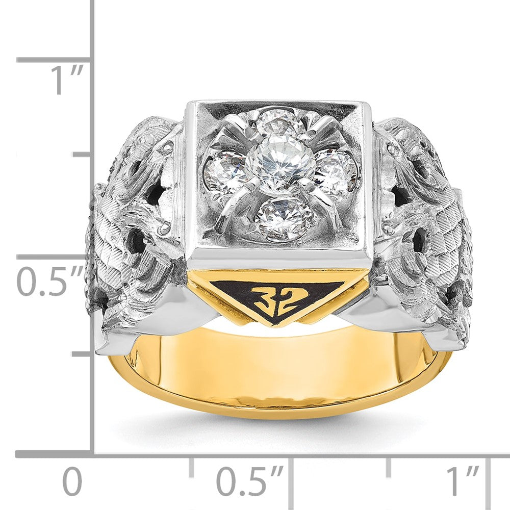 14k Two-tone Gold Men's Polished and Textured with Black Enamel and Diamond 32nd Degree Scottish Rite Masonic Ring