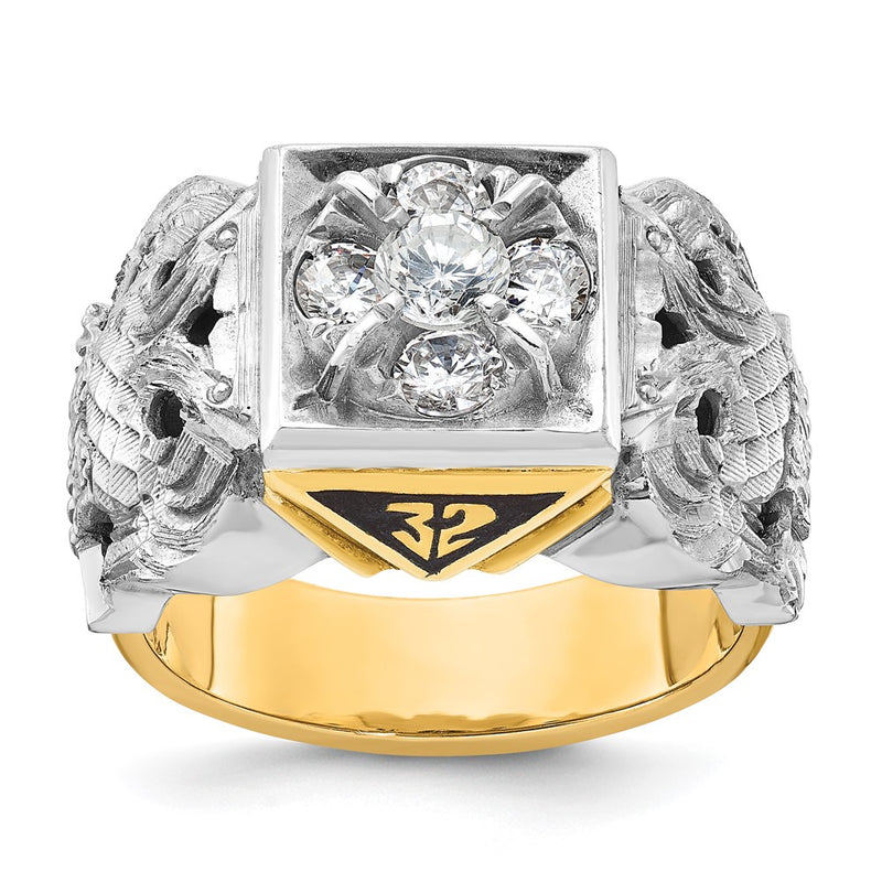 14k Two-tone Gold Men's Polished and Textured with Black Enamel and Diamond 32nd Degree Scottish Rite Masonic Ring