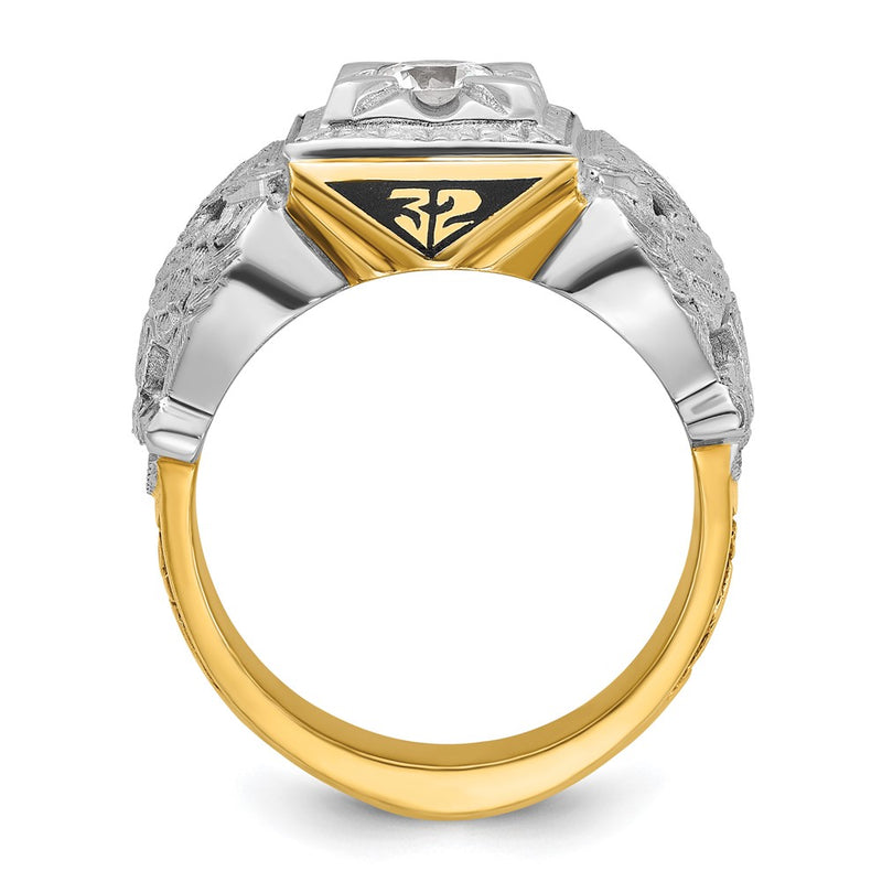 14k Two-tone Gold Men's Polished and Textured with Black Enamel and Diamond 32nd Degree Scottish Rite Masonic Ring