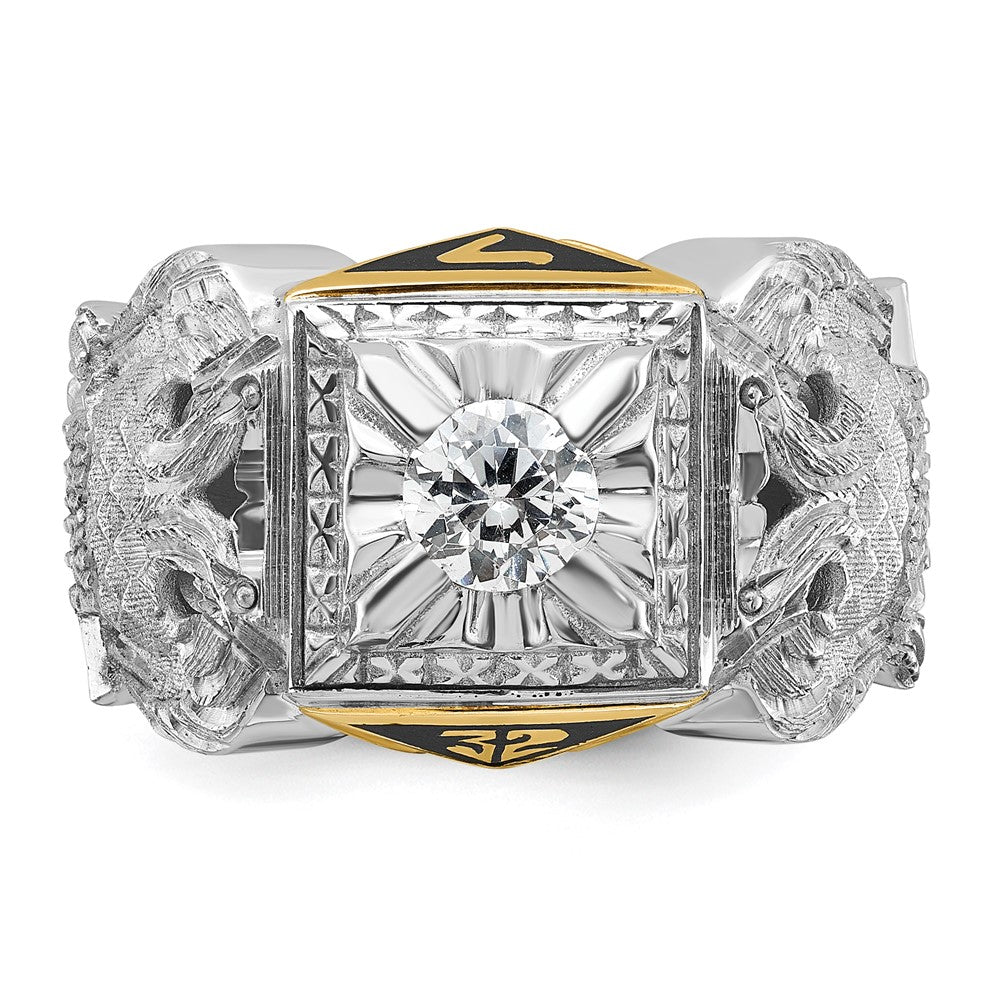 14k Two-tone Gold Men's Polished and Textured with Black Enamel and Diamond 32nd Degree Scottish Rite Masonic Ring