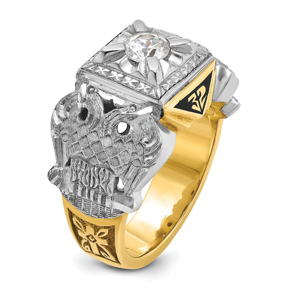 14k Two-tone Gold Men's Polished and Textured with Black Enamel and Diamond 32nd Degree Scottish Rite Masonic Ring