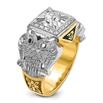14k Two-tone Gold Men's Polished and Textured with Black Enamel and Diamond 32nd Degree Scottish Rite Masonic Ring
