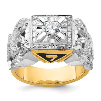 14k Two-tone Gold Men's Polished and Textured with Black Enamel and Diamond 32nd Degree Scottish Rite Masonic Ring