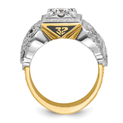 14k Two-tone Gold Men's Polished and Textured with Black Enamel and Diamond Double Eagle Masonic Shriner's Ring