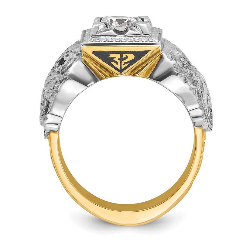 14k Two-tone Gold Men's Polished and Textured with Black Enamel and Diamond Double Eagle Masonic Shriner's Ring