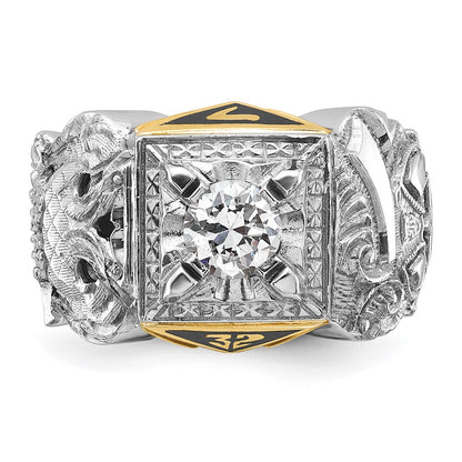 14k Two-tone Gold Men's Polished and Textured with Black Enamel and Diamond Double Eagle Masonic Shriner's Ring