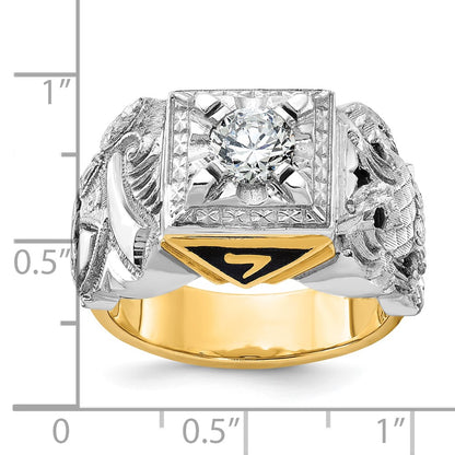 14k Two-tone Gold Men's Polished and Textured with Black Enamel and Diamond Double Eagle Masonic Shriner's Ring