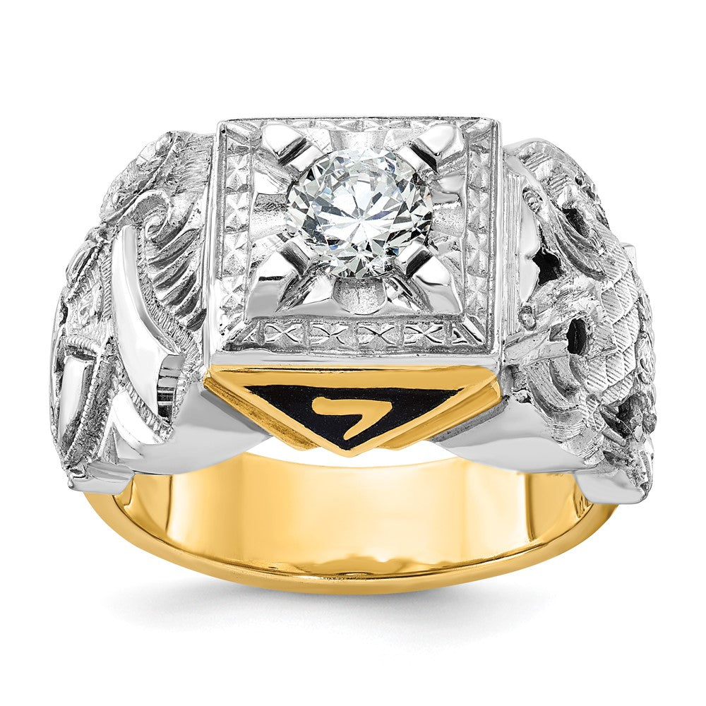 14k Two-tone Gold Men's Polished and Textured with Black Enamel and Diamond Double Eagle Masonic Shriner's Ring