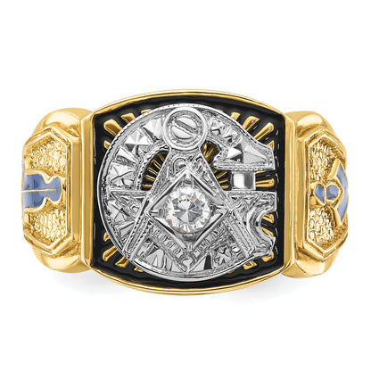 14k Two-tone Gold Men's Polished and Textured with Blue and Black Enamel Diamond Blue Lodge Master Masonic Ring
