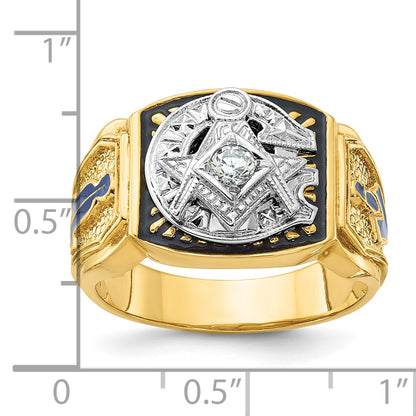 14k Two-tone Gold Men's Polished and Textured with Blue and Black Enamel Diamond Blue Lodge Master Masonic Ring