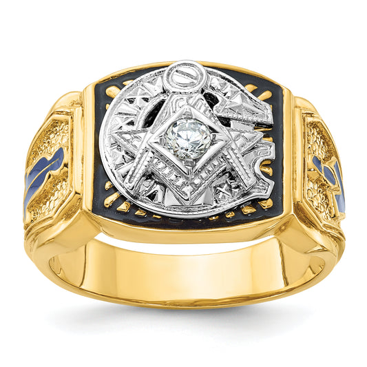 14k Two-tone Gold Men's Polished and Textured with Blue and Black Enamel Diamond Blue Lodge Master Masonic Ring