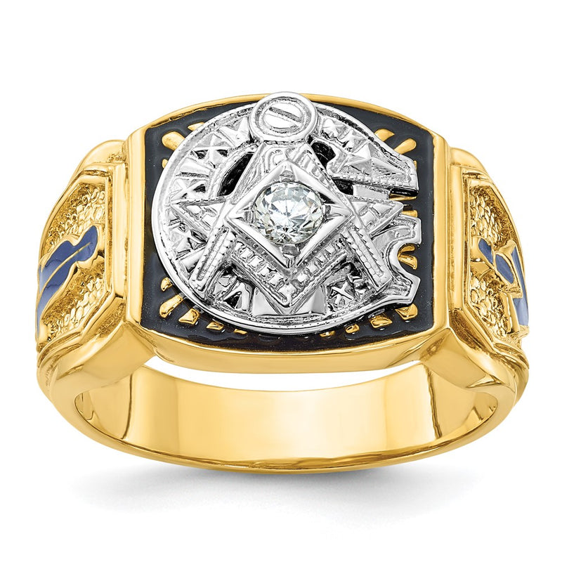 14k Two-tone Gold Men's Polished and Textured with Blue and Black Enamel Diamond Blue Lodge Master Masonic Ring