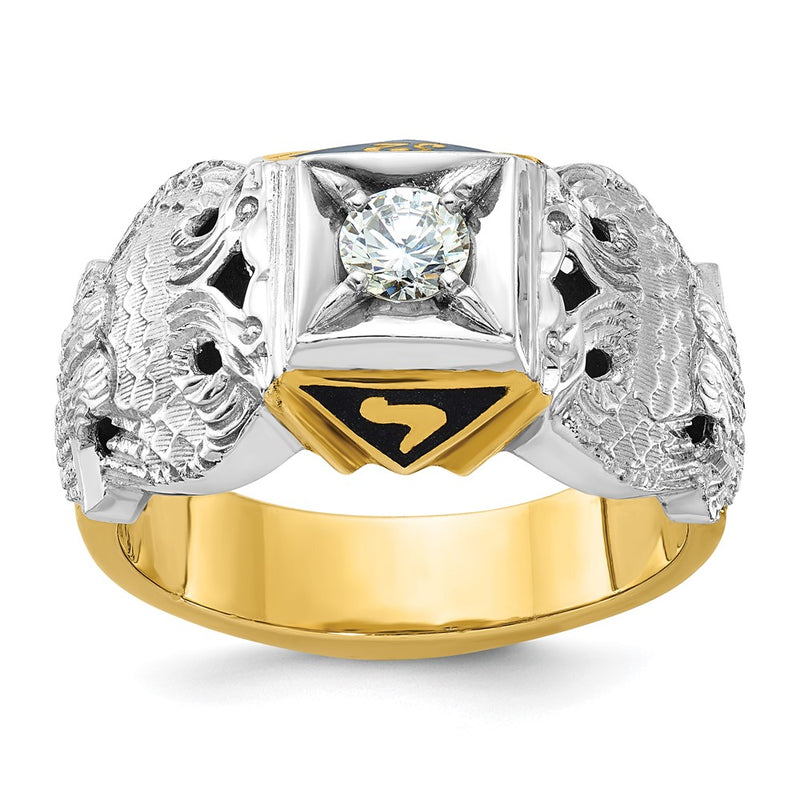 14k Two-tone Gold Men's Polished and Textured with Black Enamel and Diamond 32nd Degree Scottish Rite Masonic Ring