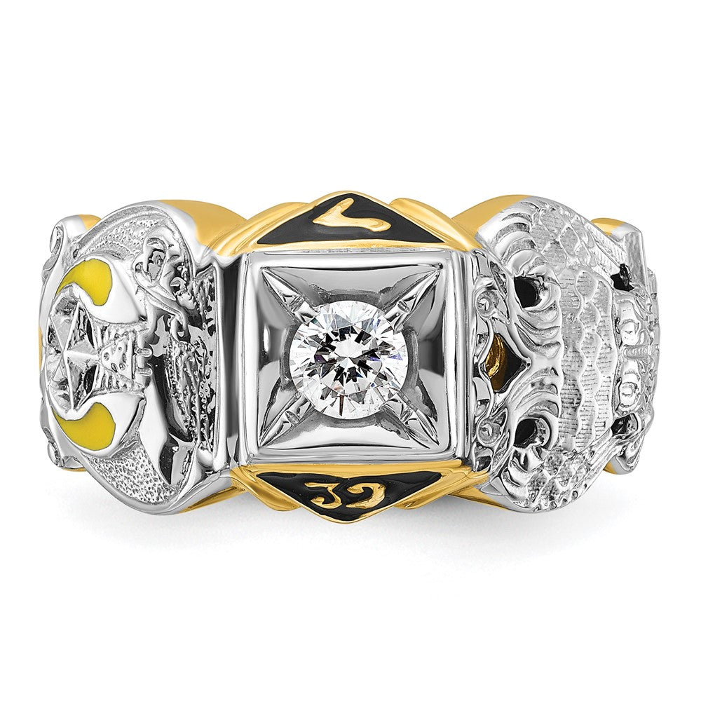 14k Two-tone Gold Men's Polished and Textured with Multi-color Enamel and Diamond Double Eagle Masonic Shriner's Ring