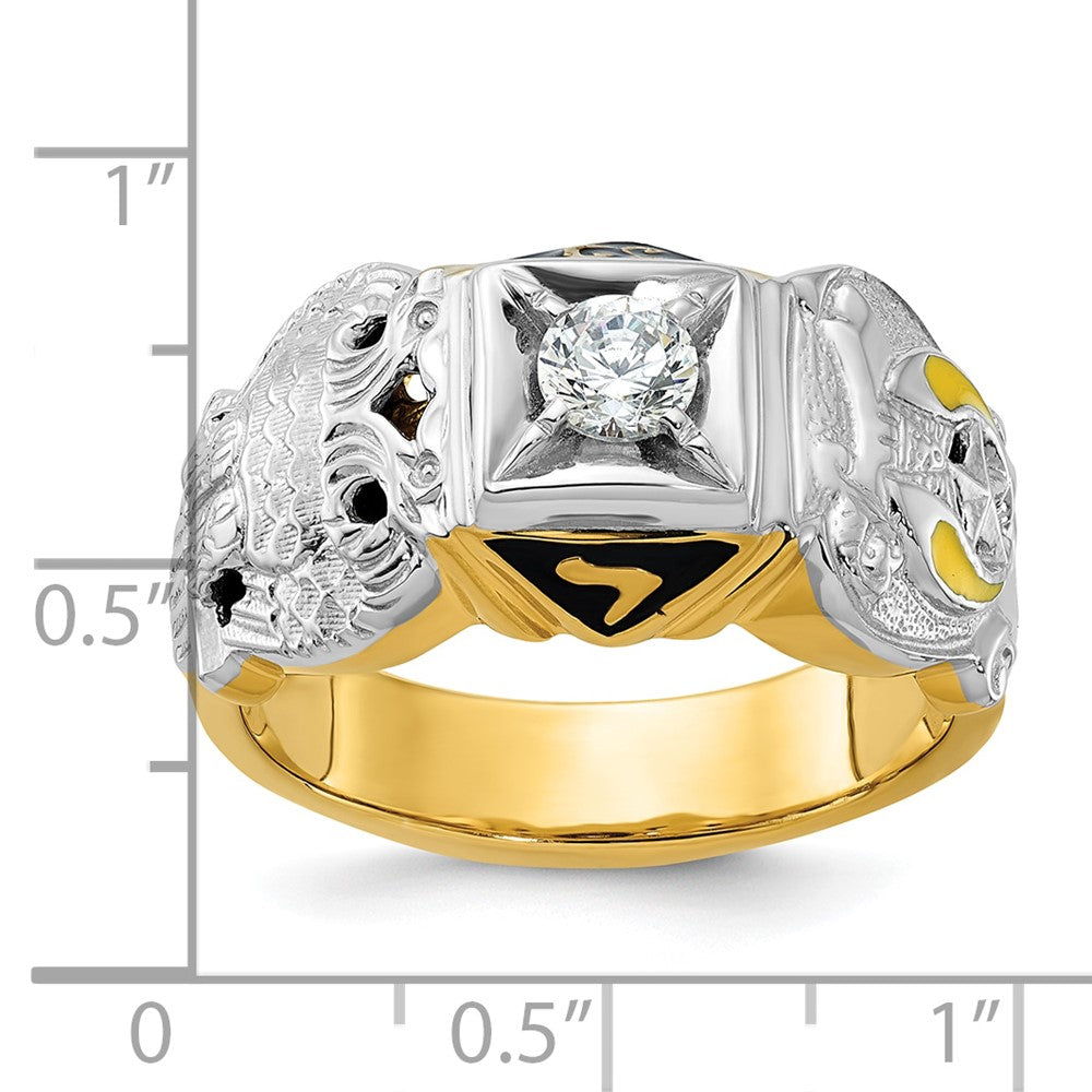 14k Two-tone Gold Men's Polished and Textured with Multi-color Enamel and Diamond Double Eagle Masonic Shriner's Ring