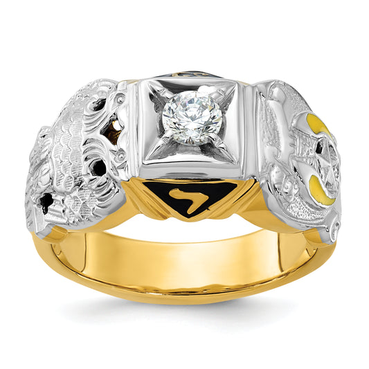14k Two-tone Gold Men's Polished and Textured with Multi-color Enamel and Diamond Double Eagle Masonic Shriner's Ring