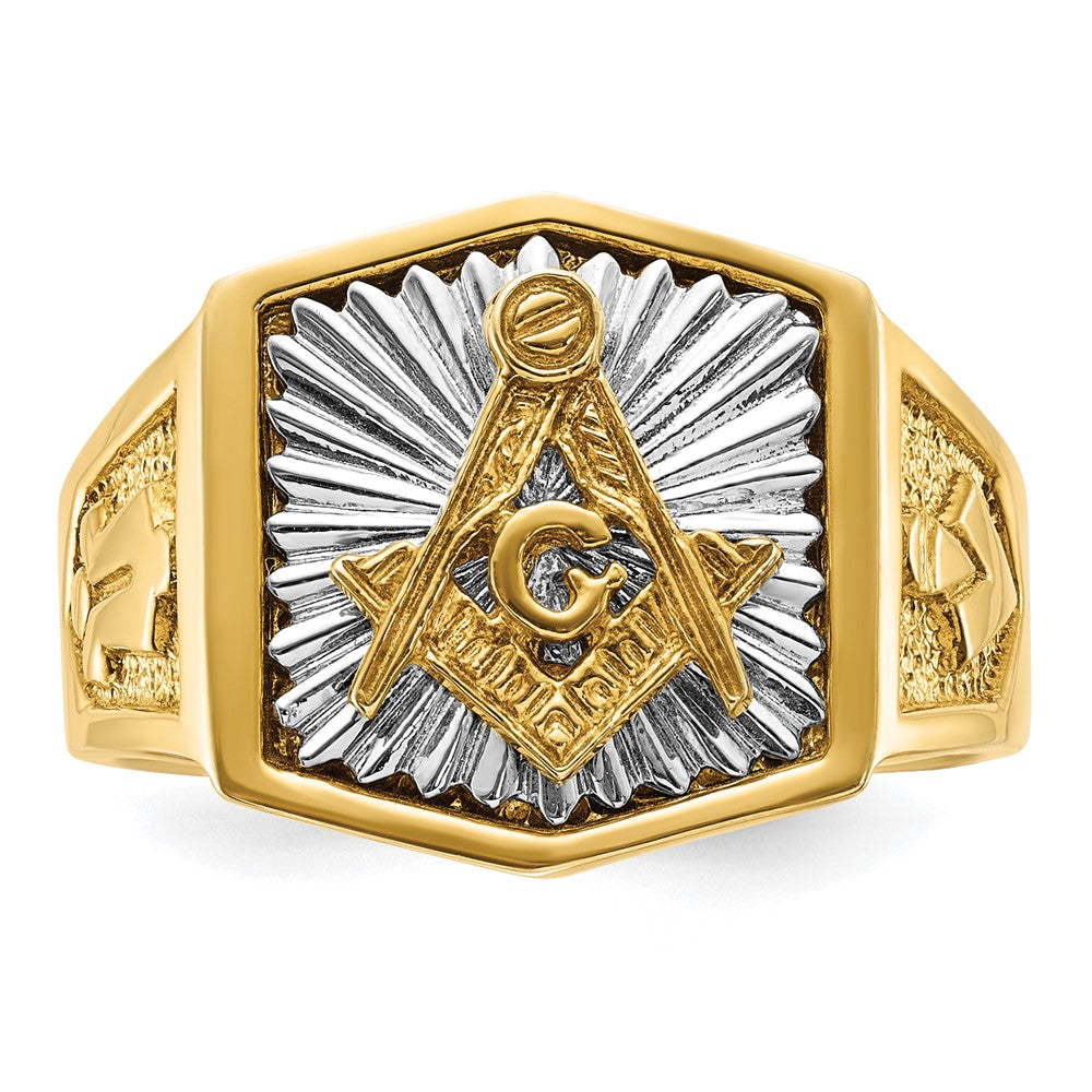10K Two-Tone Ibgoodman Men'S Polished And Textured Sun Ray Blue Lodge Master Masonic Ring