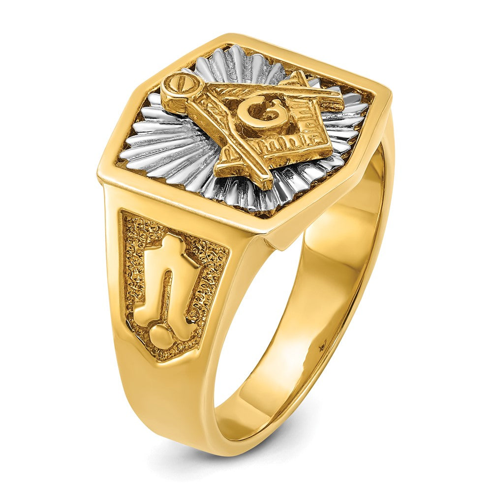 10K Two-Tone Ibgoodman Men'S Polished And Textured Sun Ray Blue Lodge Master Masonic Ring