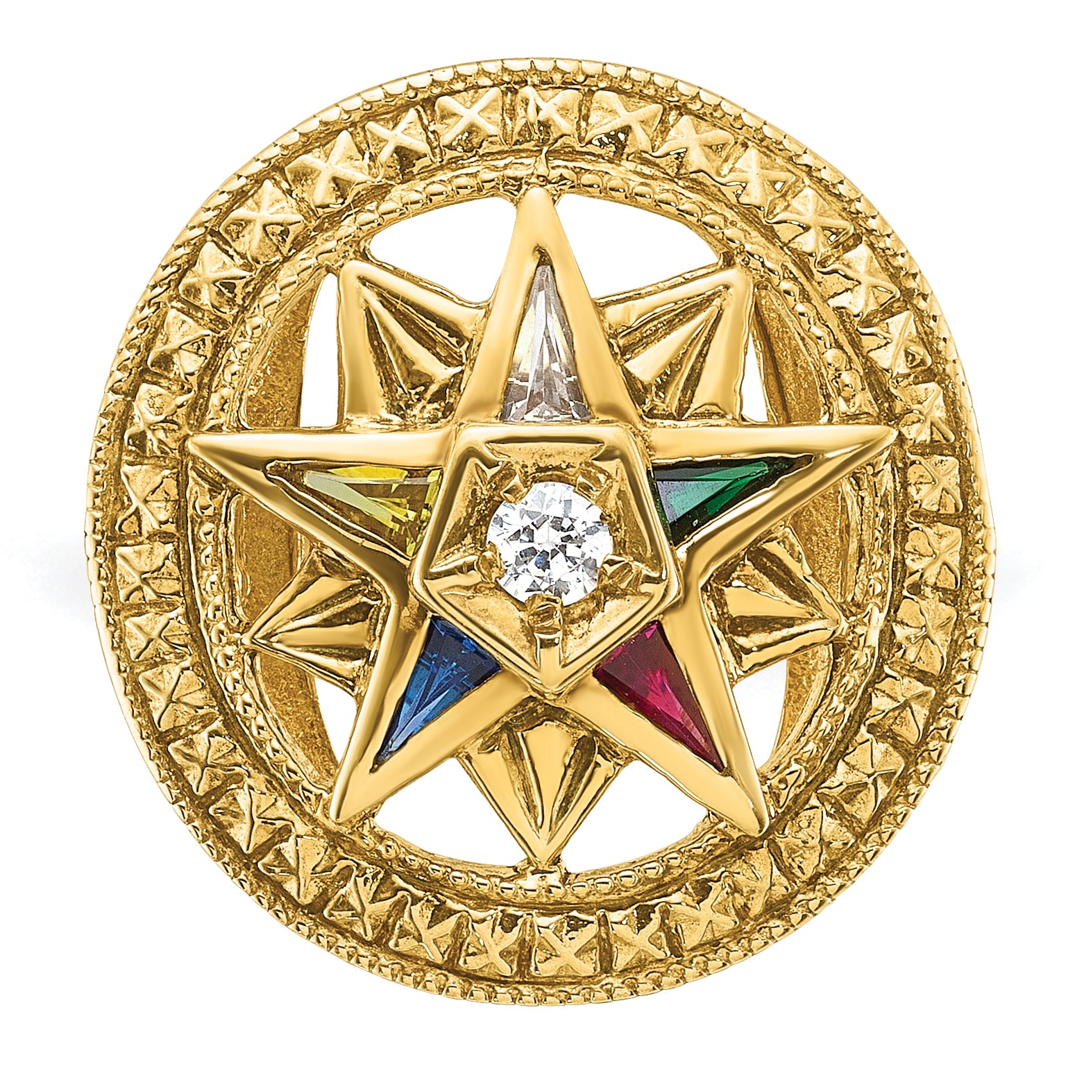 14K Yellow Gold Ibgoodman Women'S Polished And Textured With Multi Color Cz Diamond Eastern Star Masonic Ring