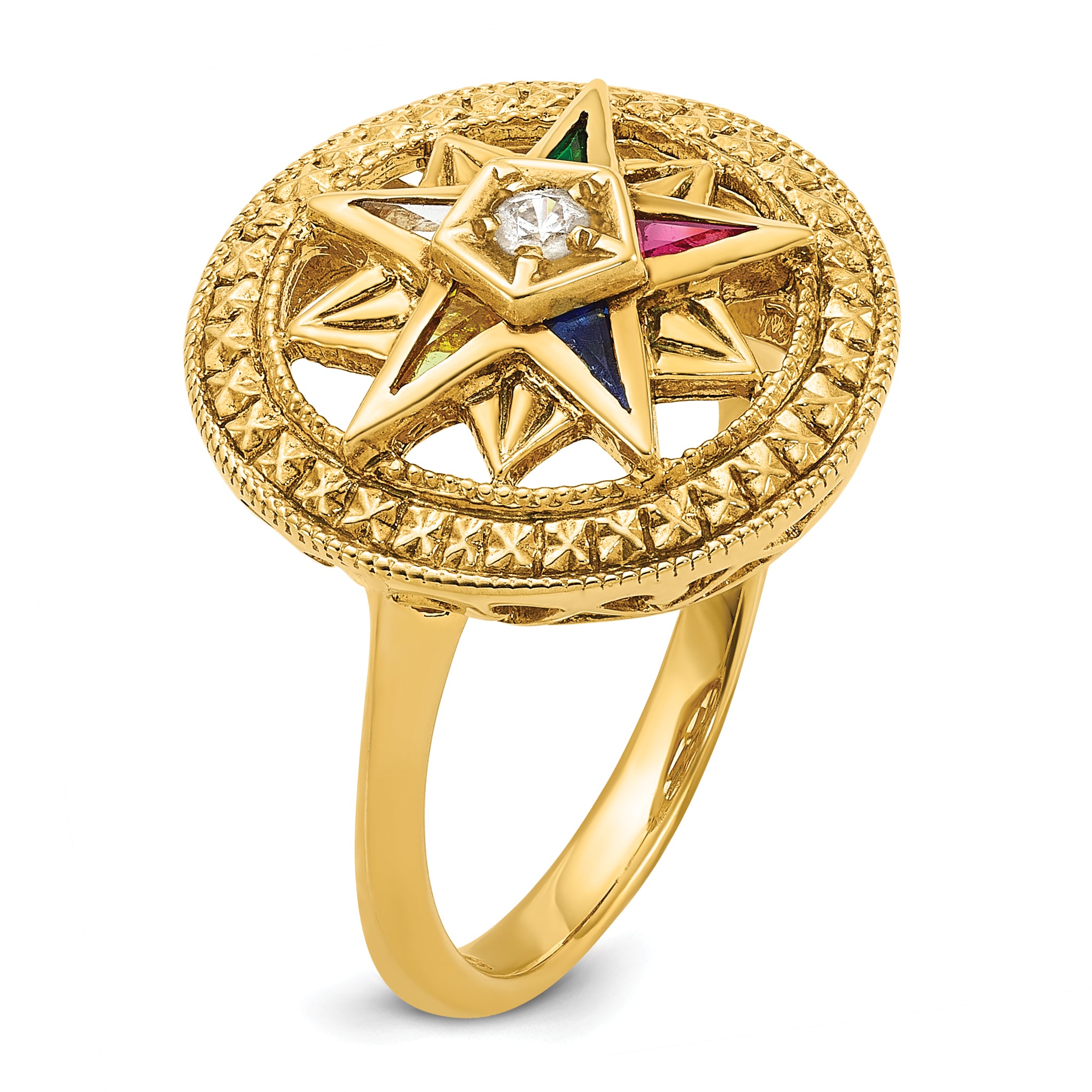 14K Yellow Gold Ibgoodman Women'S Polished And Textured With Multi Color Cz Diamond Eastern Star Masonic Ring