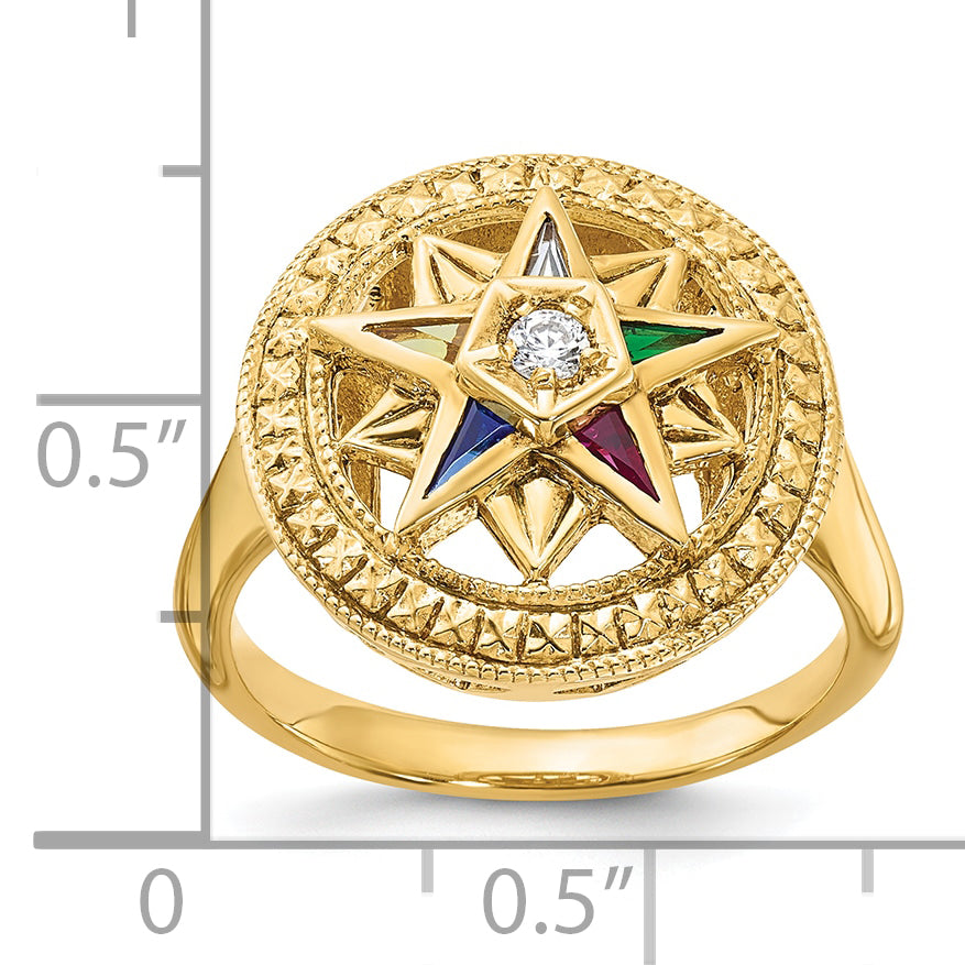 14K Yellow Gold Ibgoodman Women'S Polished And Textured With Multi Color Cz Diamond Eastern Star Masonic Ring