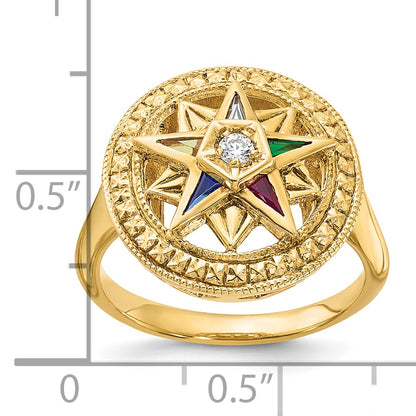 14K Yellow Gold Ibgoodman Women'S Polished And Textured With Multi Color Cz Diamond Eastern Star Masonic Ring