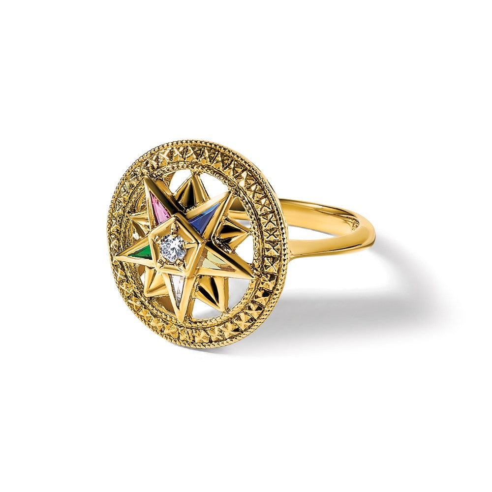 14K Yellow Gold Ibgoodman Women'S Polished And Textured With Multi Color Cz Diamond Eastern Star Masonic Ring
