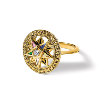 14K Yellow Gold Ibgoodman Women'S Polished And Textured With Multi Color Cz Diamond Eastern Star Masonic Ring