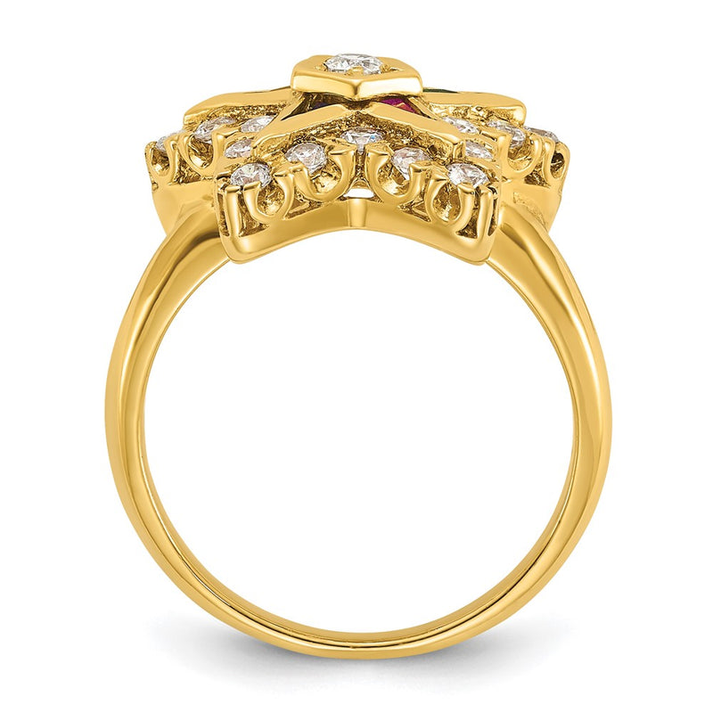 10K Yellow Gold Ibgoodman Women'S Polished Multi-Color Cz And A Quality Diamond Eastern Star Masonic Ring