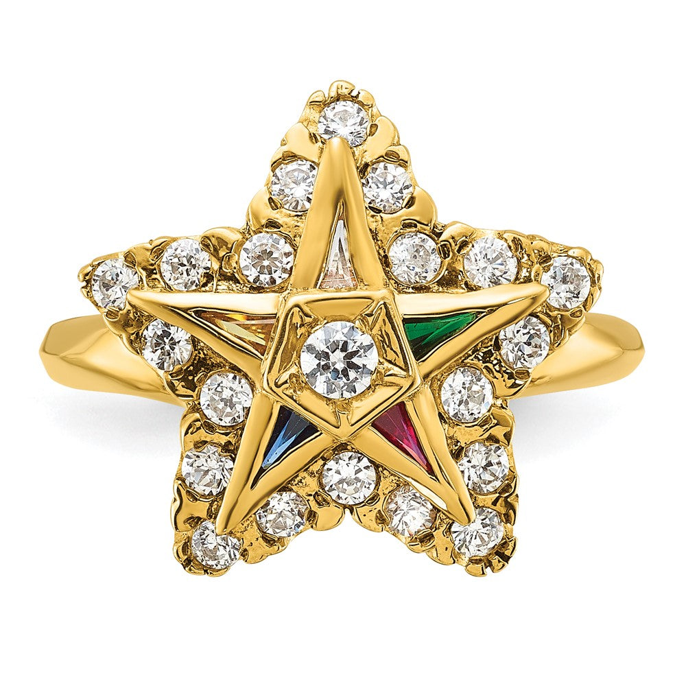 14K Yellow Gold Ibgoodman Women'S Polished Multi Color Cz And Aa Quality Diamond Eastern Star Masonic Ring