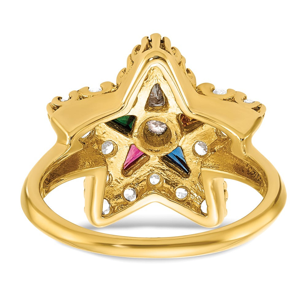 14K Yellow Gold Ibgoodman Women'S Polished Multi Color Cz And Aa Quality Diamond Eastern Star Masonic Ring