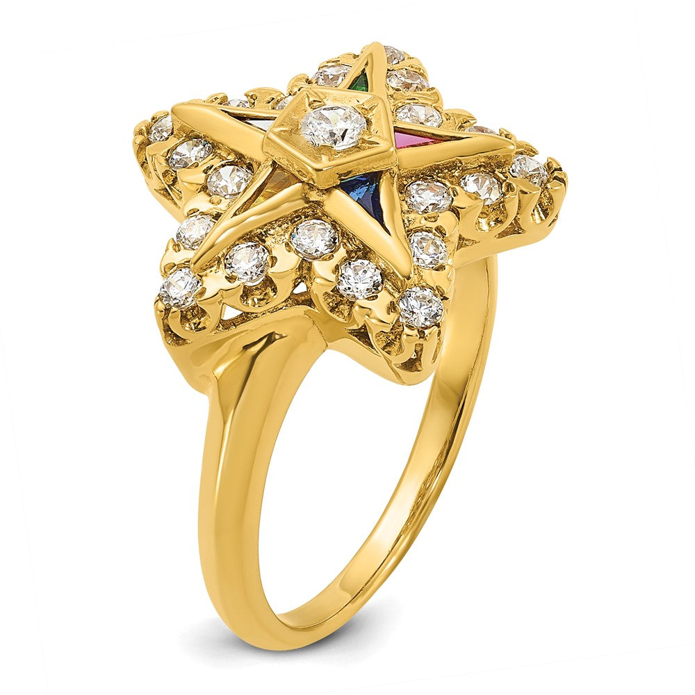 14K Yellow Gold Ibgoodman Women'S Polished Multi Color Cz And Aa Quality Diamond Eastern Star Masonic Ring