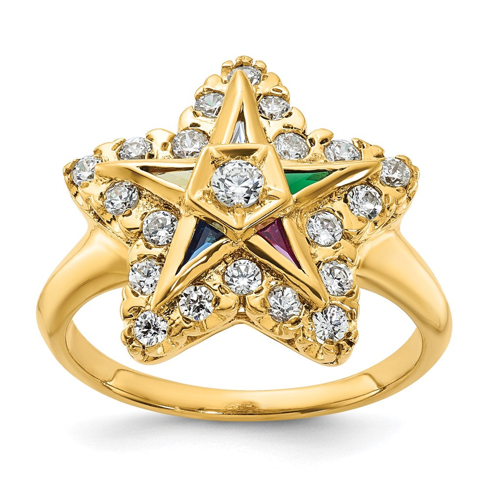 14K Yellow Gold Ibgoodman Women'S Polished Multi Color Cz And Aa Quality Diamond Eastern Star Masonic Ring