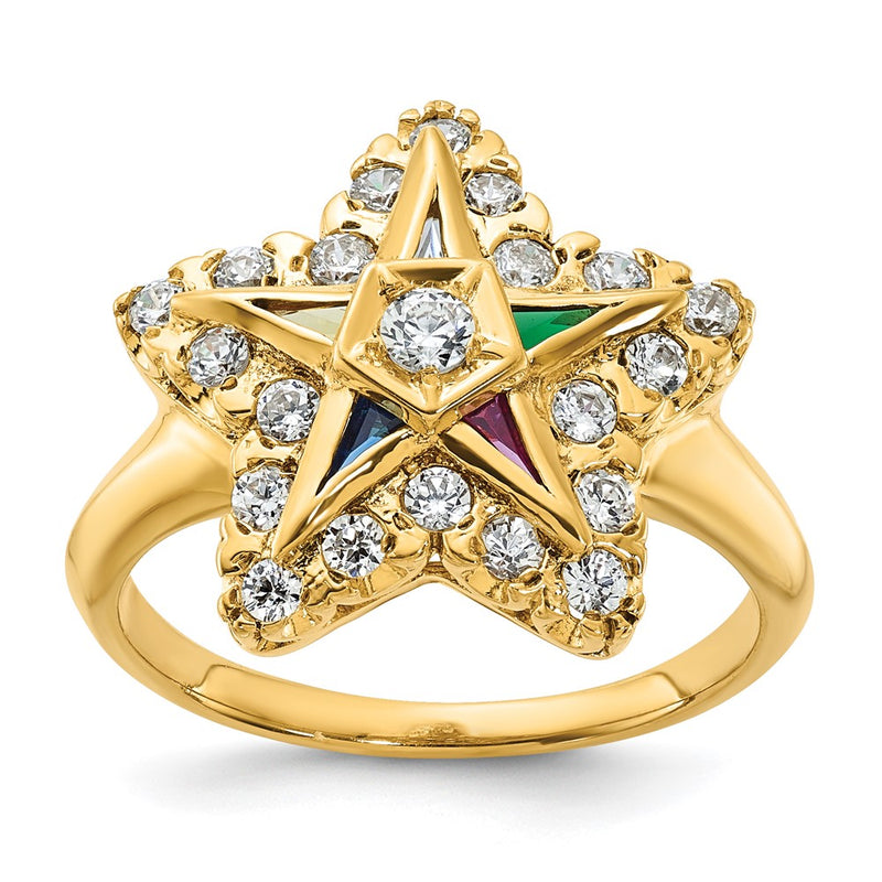 14K Yellow Gold Ibgoodman Women'S Polished Multi Color Cz And Aa Quality Diamond Eastern Star Masonic Ring