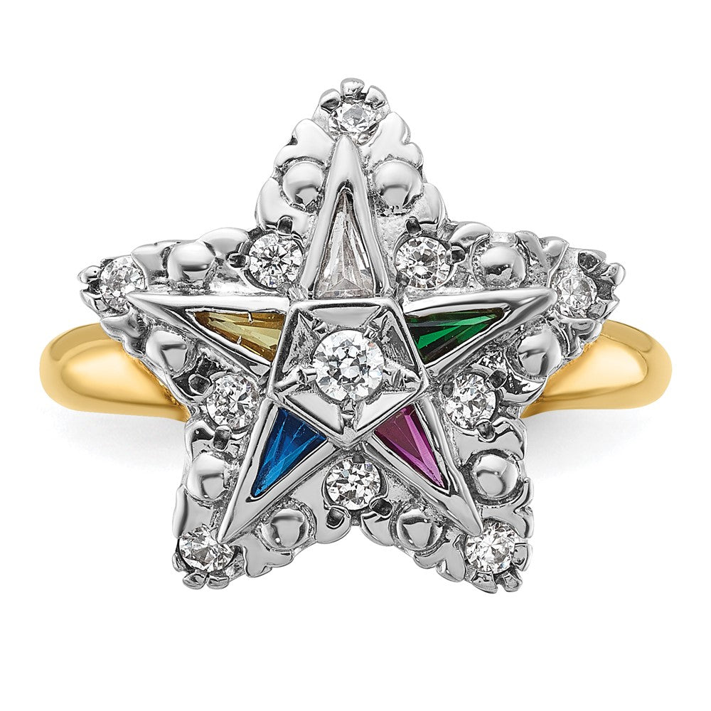 10K Two-Tone Ibgoodman Women'S Polished And Beaded With Multi-Color Cz Diamond Eastern Star Masonic Ring