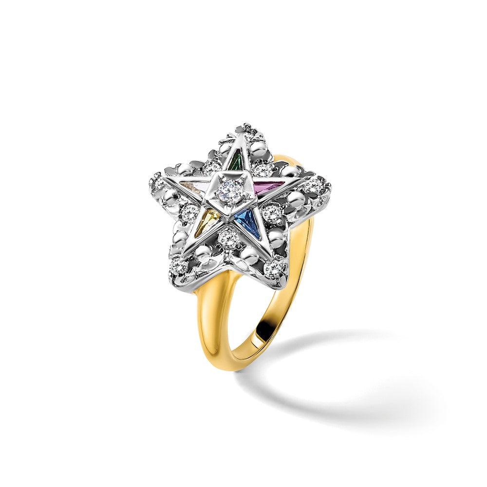14K Two Tone Ibgoodman Women'S Polished And Beaded With Multi Color Cz Diamond Eastern Star Masonic Ring
