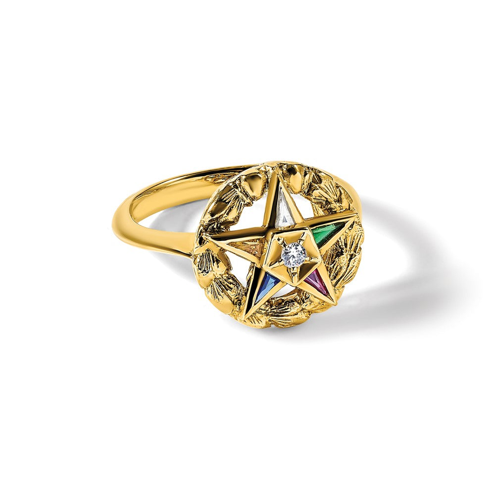 14K Yellow Gold Ibgoodman Women'S Polished And Textured With Multi Color Cz Diamond Eastern Star Masonic Ring