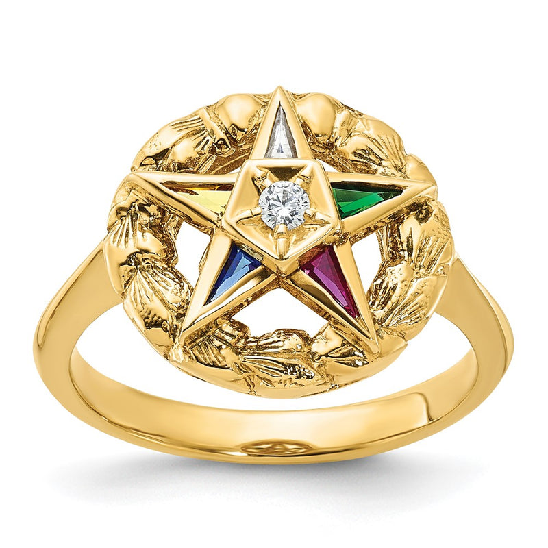 14K Yellow Gold Ibgoodman Women'S Polished And Textured With Multi Color Cz Diamond Eastern Star Masonic Ring