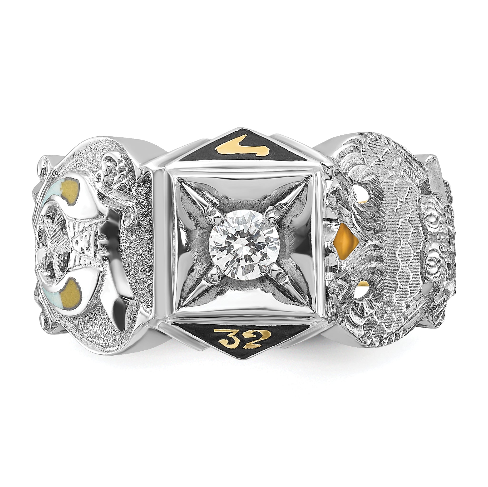 14k Two-tone Gold Men's Polished and Textured with Black Enamel and Diamond Double Eagle Masonic Shriner's Ring