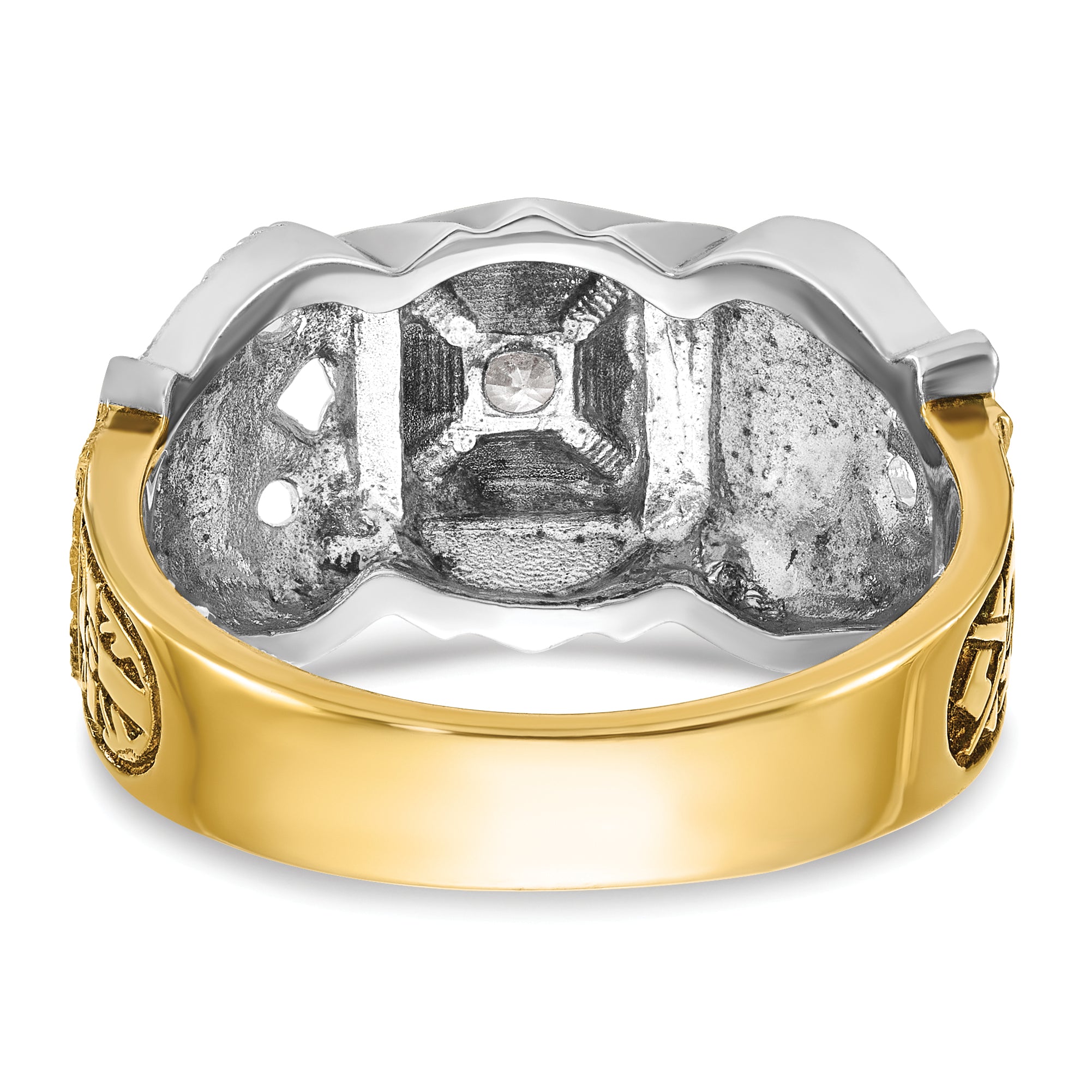 14k Two-tone Gold Men's Polished and Textured with Black Enamel and Diamond Double Eagle Masonic Shriner's Ring