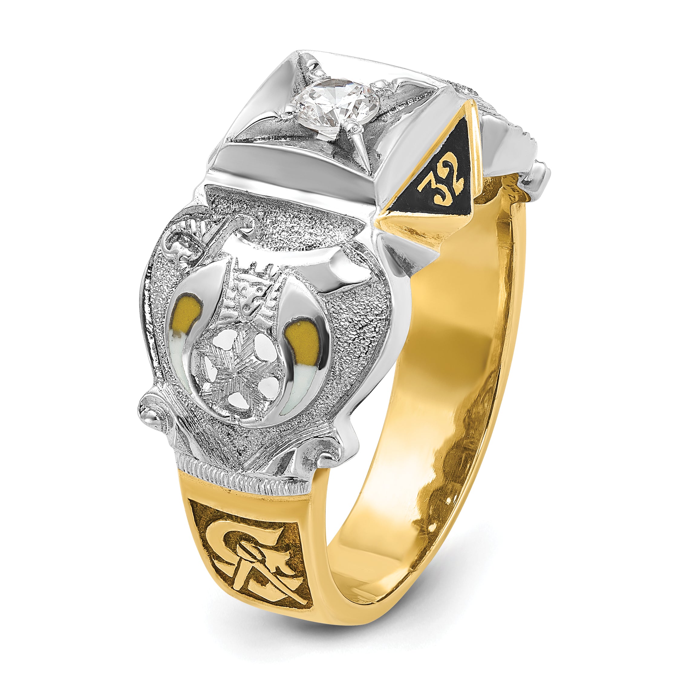 14k Two-tone Gold Men's Polished and Textured with Black Enamel and Diamond Double Eagle Masonic Shriner's Ring