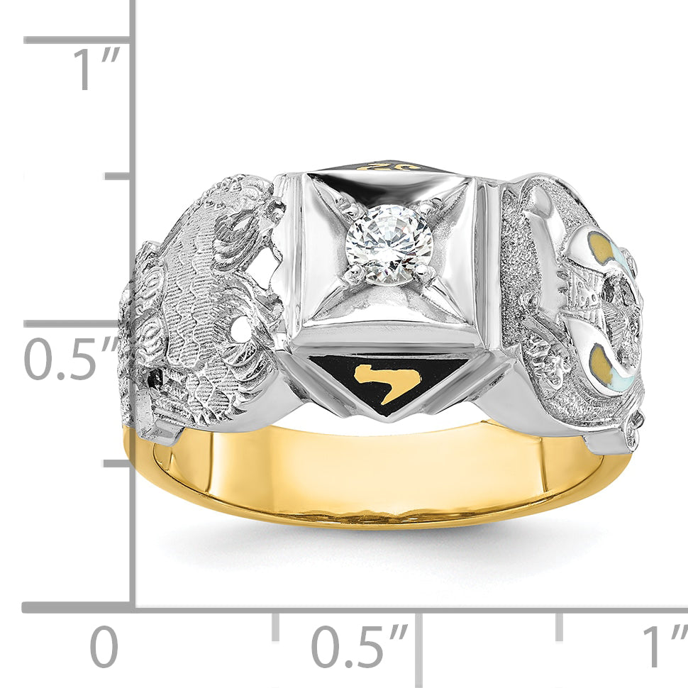 14k Two-tone Gold Men's Polished and Textured with Black Enamel and Diamond Double Eagle Masonic Shriner's Ring