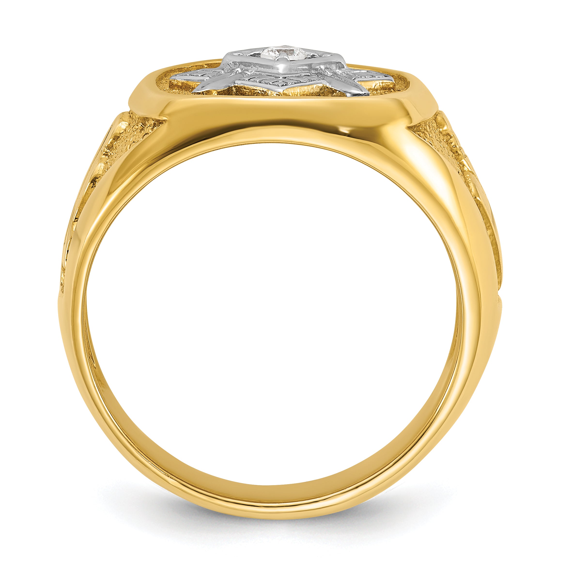 14k Yellow & Rhodium Gold with White Rhodium Men's Polished and Textured Diamond Blue Lodge Master Masonic Ring