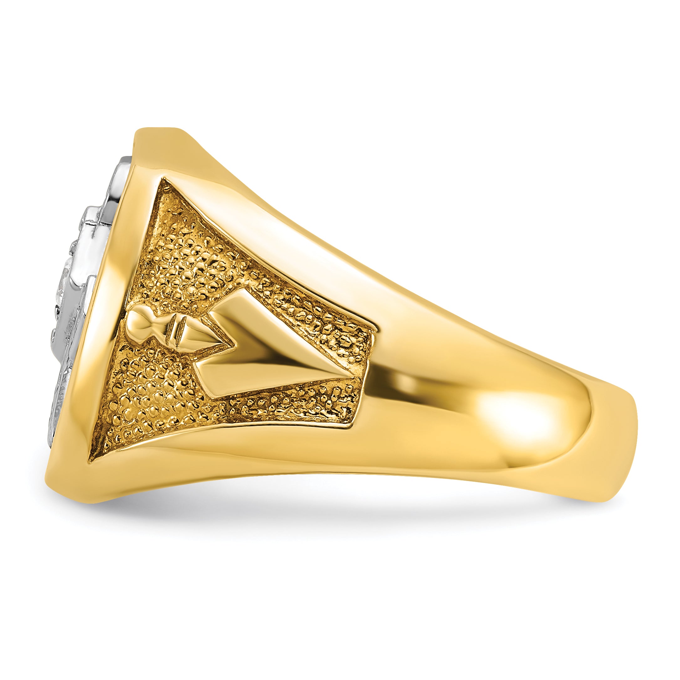 14k Yellow & Rhodium Gold with White Rhodium Men's Polished and Textured Diamond Blue Lodge Master Masonic Ring